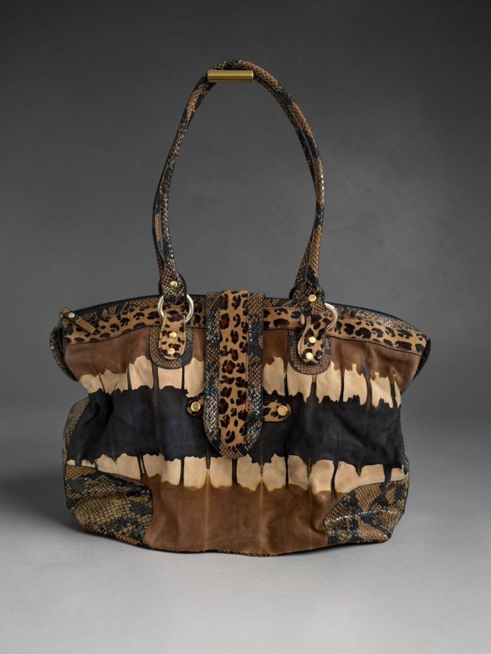 CLEVER CARRIAGE COMPANY Multicolor Brown Black Animal Print Leather Shoulder Bag